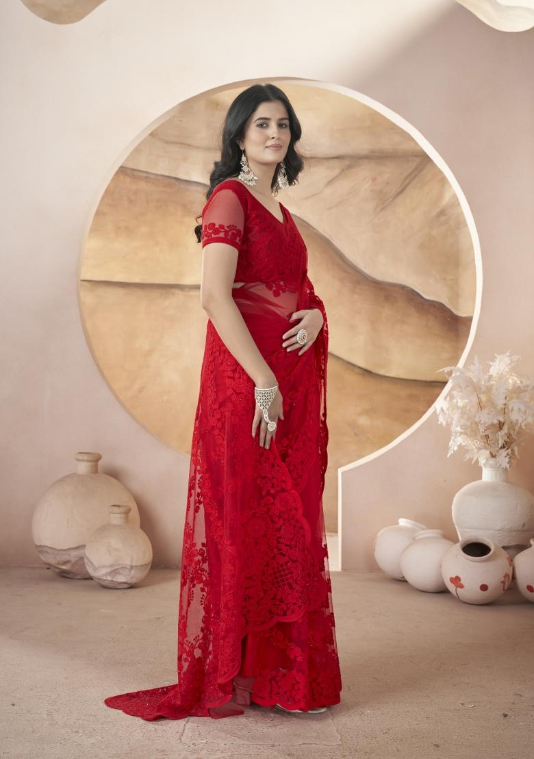 Red Solid Heavy Butterfly Net Saree Set