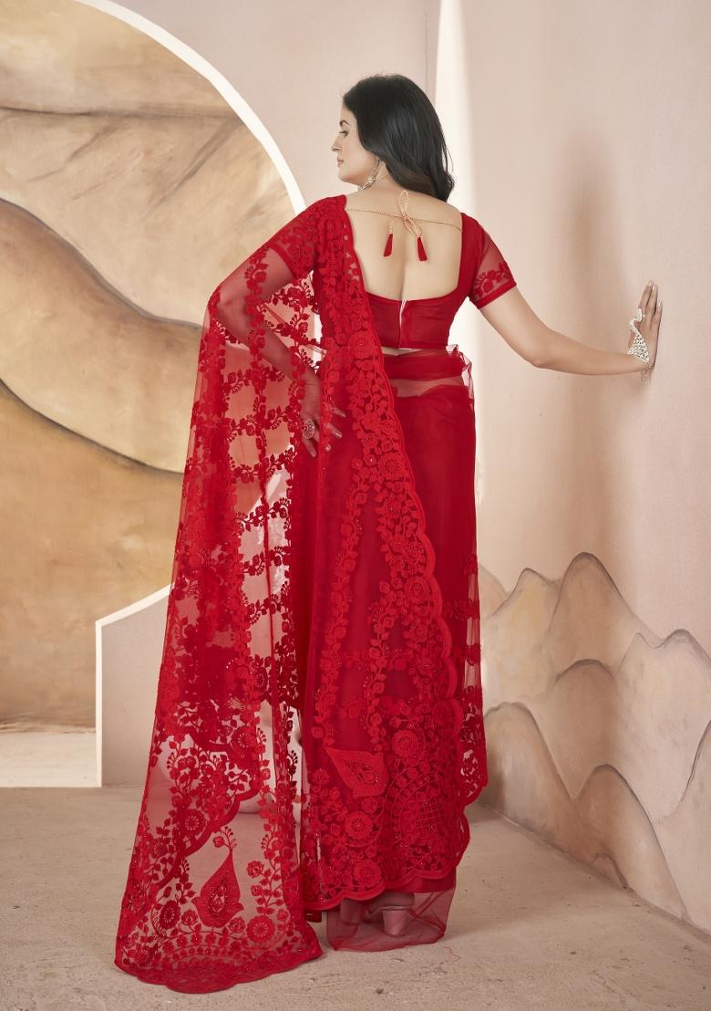 Red Solid Heavy Butterfly Net Saree Set