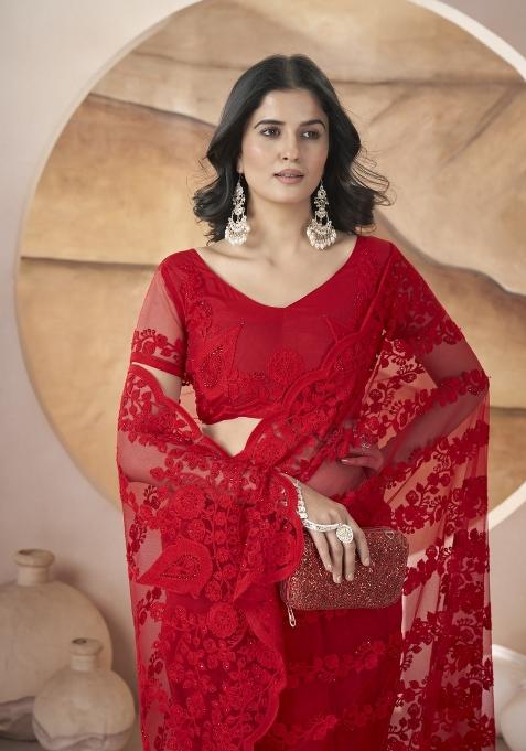 Red Solid Heavy Butterfly Net Saree Set