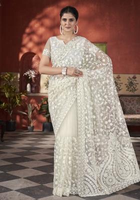 White Solid Heavy Butterfly Net Saree Set