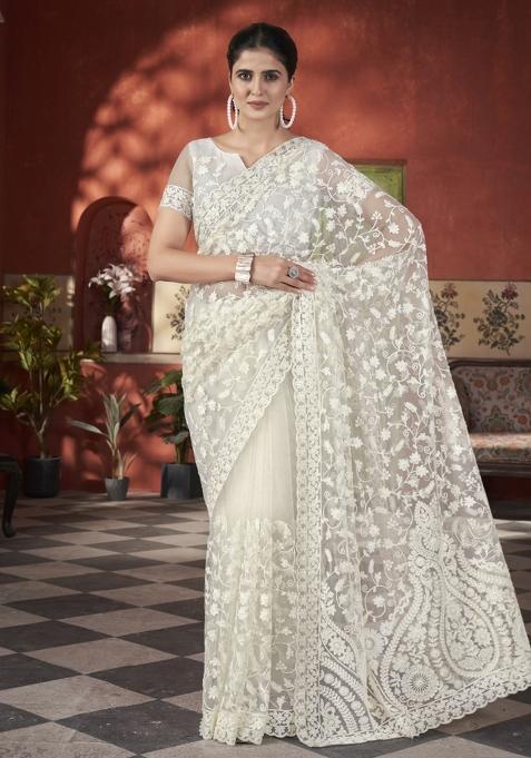 White Solid Heavy Butterfly Net Saree Set