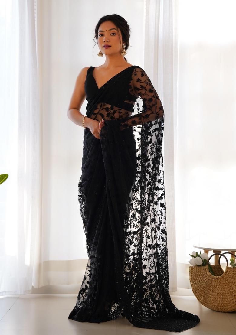 Black Solid Heavy Butterfly Net Saree Set - Indya