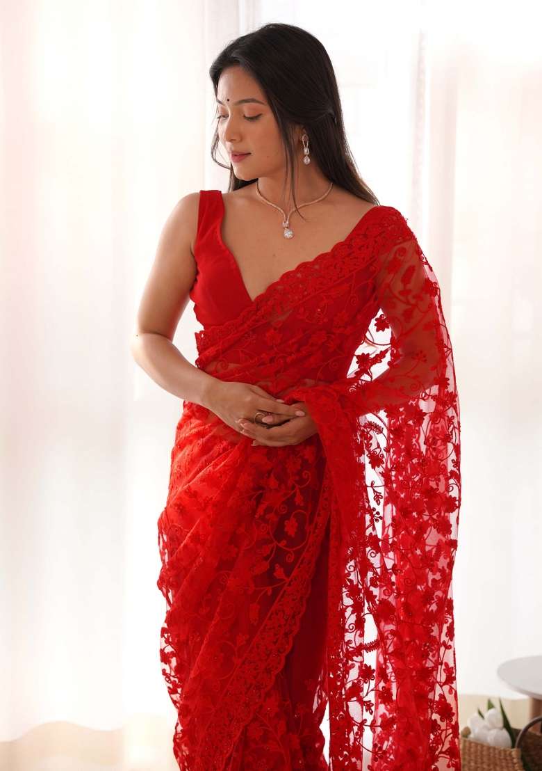 Red Solid Heavy Butterfly Net Saree Set for Diwali and Festive Wear - Indya
