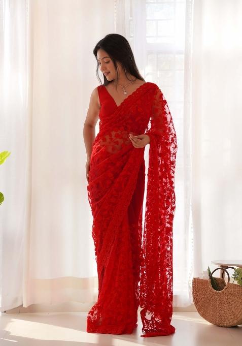 Red Solid Heavy Butterfly Net Saree Set