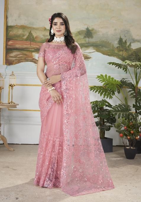 Pink Solid Heavy Butterfly Net Saree Set