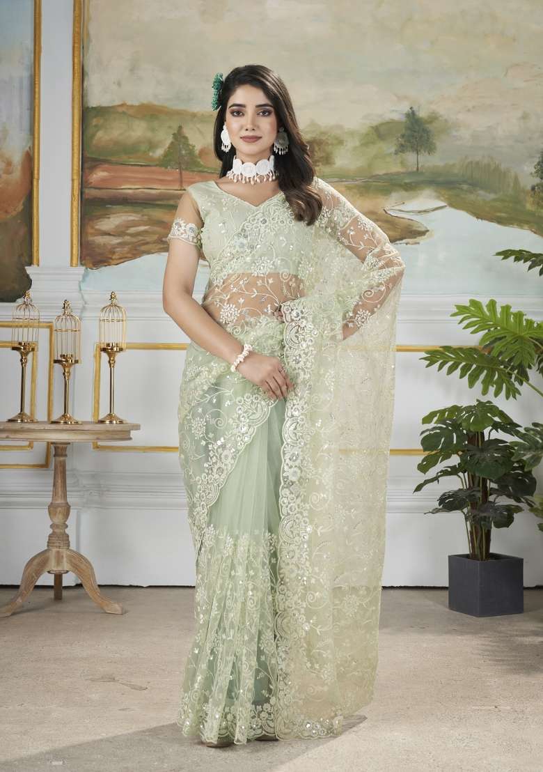 Green Solid Heavy Butterfly Net Saree Set - Indya
