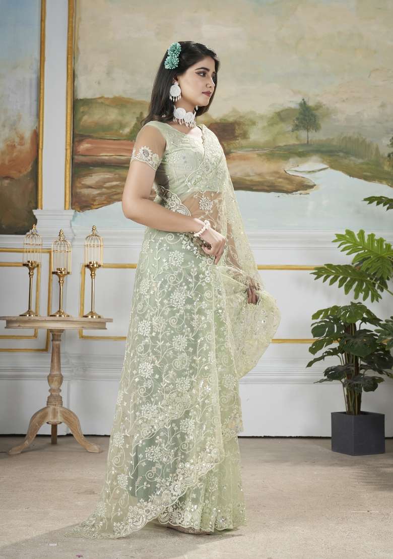 Green Solid Heavy Butterfly Net Saree Set - Indya
