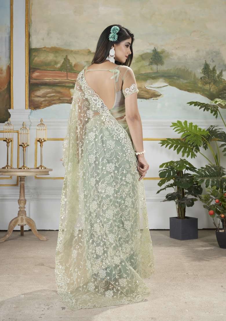 Green Solid Heavy Butterfly Net Saree Set - Indya