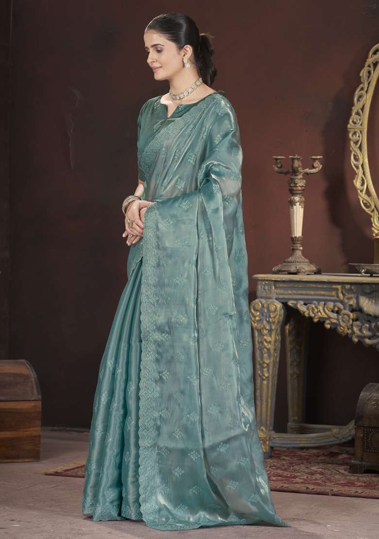 Green Solid Geemichu Silk Saree Set for Diwali and Festive Wear - Indya