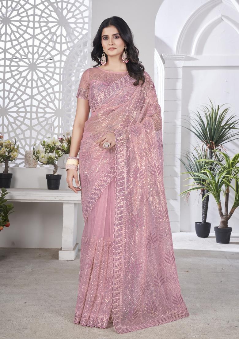 Pink Solid Tissu Net Saree Set