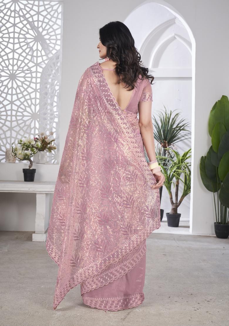 Pink Solid Tissu Net Saree Set