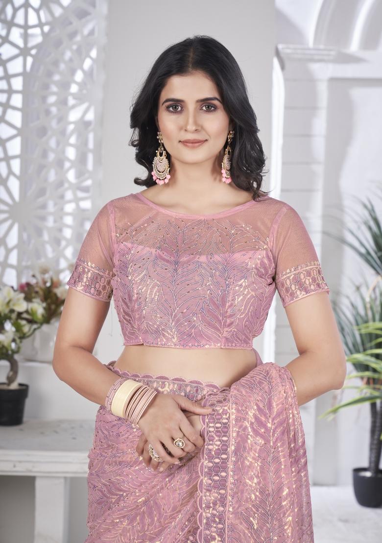 Pink Solid Tissu Net Saree Set