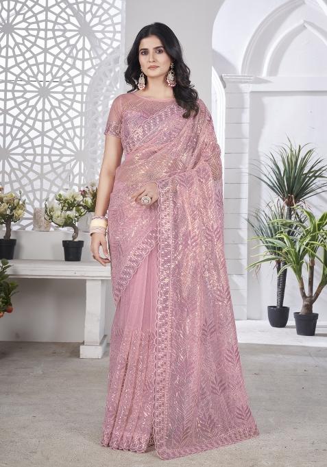 Pink Solid Tissu Net Saree Set