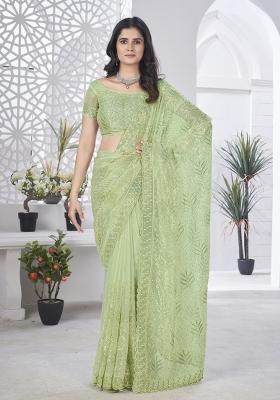Green Solid Tissu Net Saree Set
