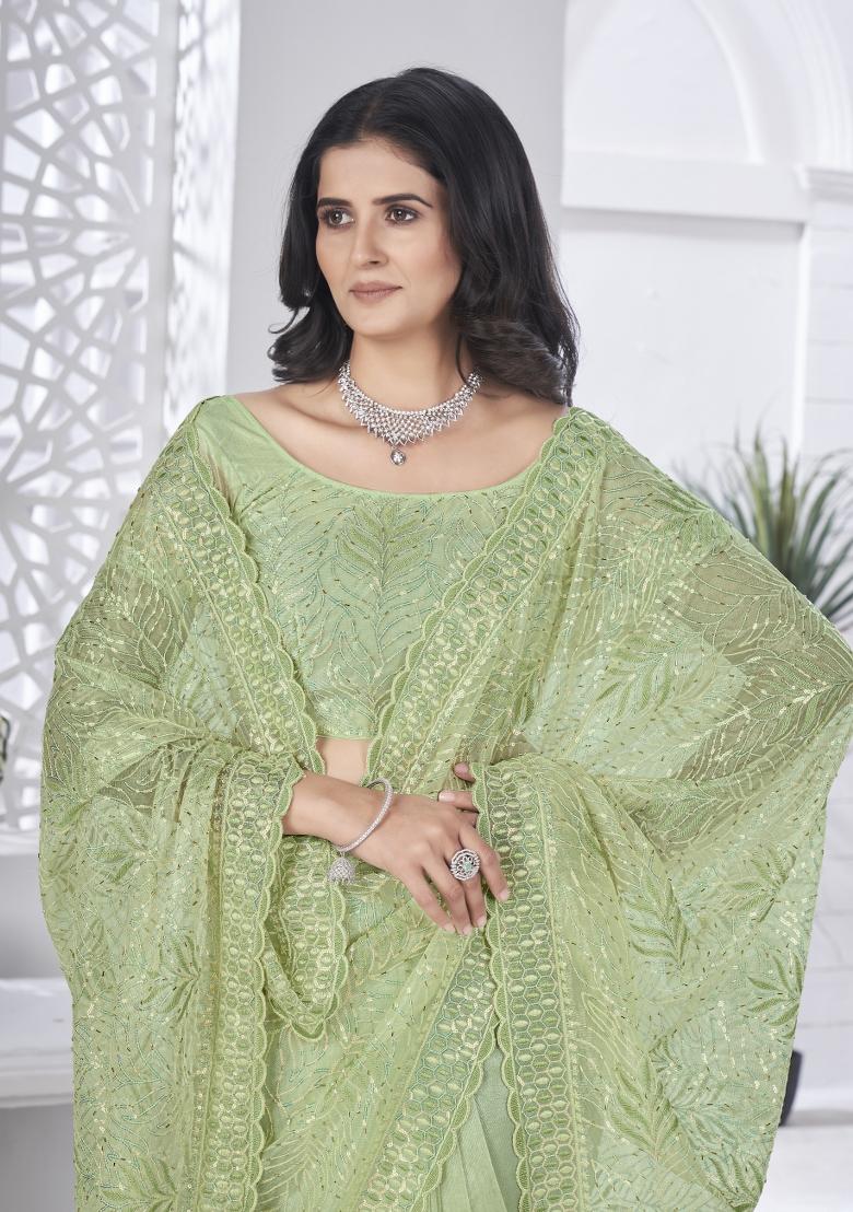 Green Solid Tissu Net Saree Set