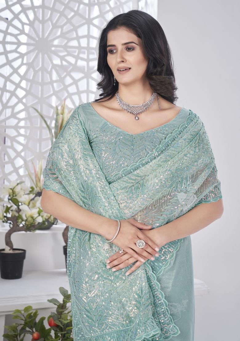 Blue Solid Tissu Net Saree Set