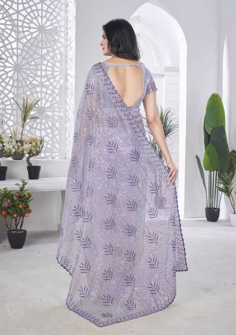 Blue Solid Tissu Net Saree Set