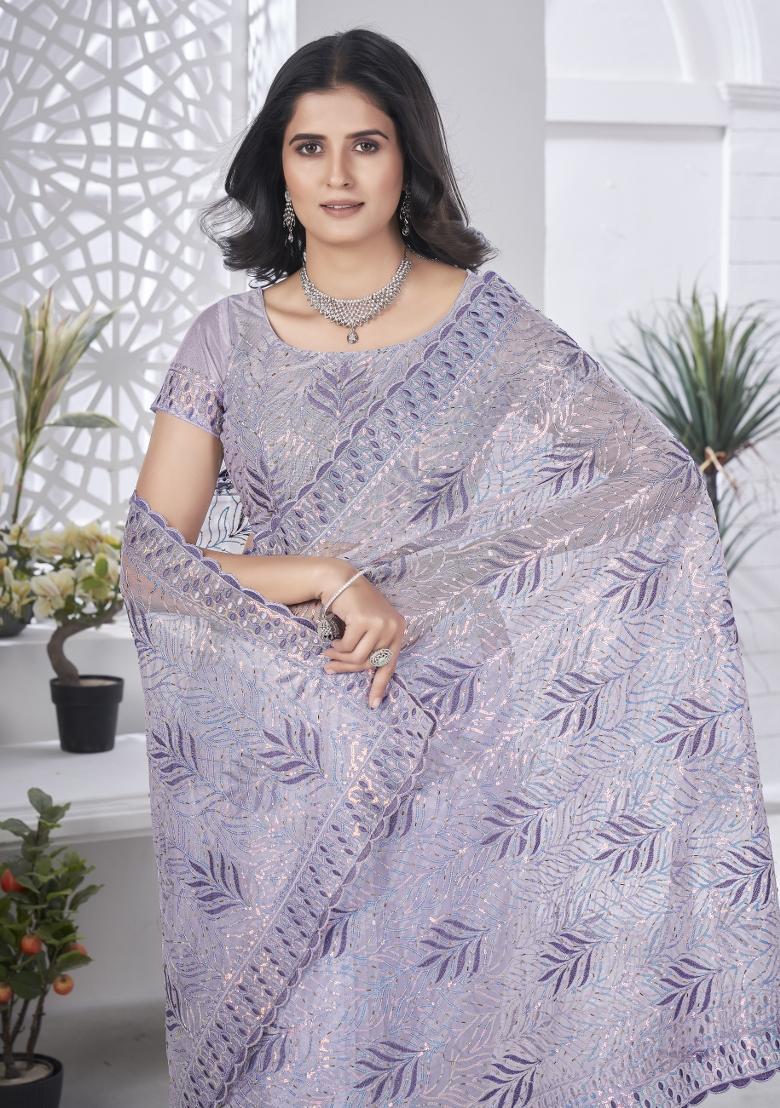 Blue Solid Tissu Net Saree Set - Indya