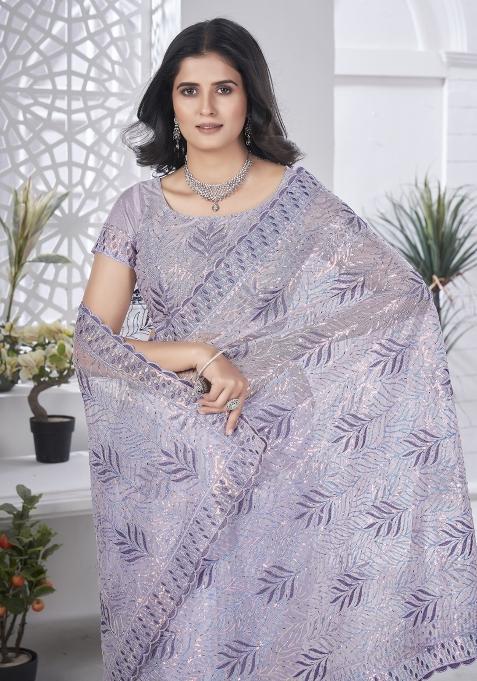 Blue Solid Tissu Net Saree Set