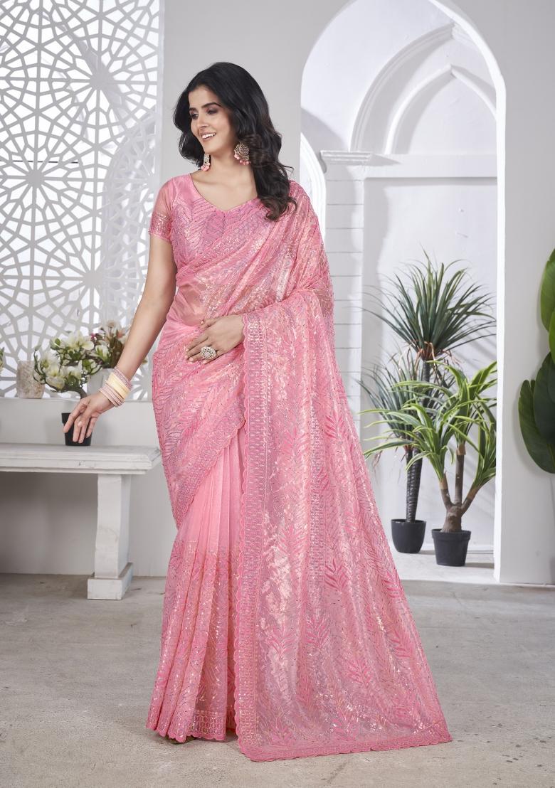 Pink Solid Tissu Net Saree Set