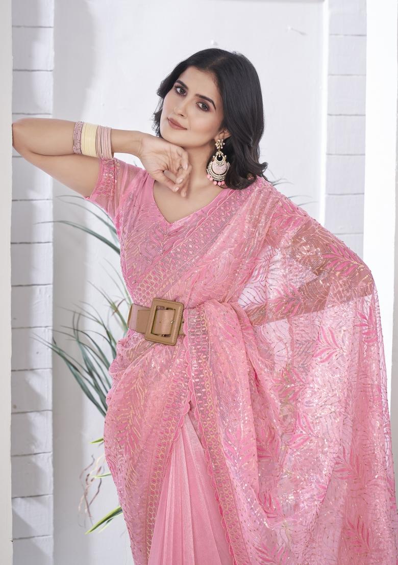 Pink Solid Tissu Net Saree Set
