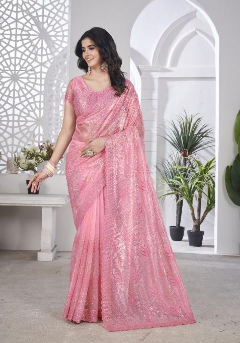 Pink Solid Tissu Net Saree Set