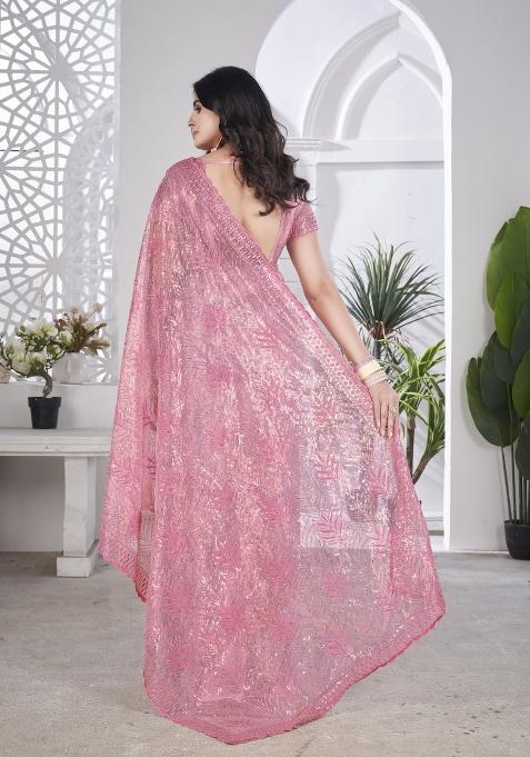 Pink Solid Tissu Net Saree Set