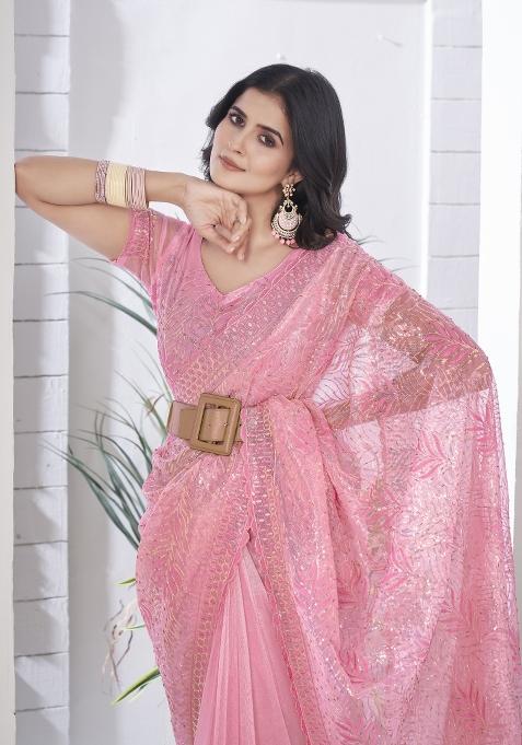 Pink Solid Tissu Net Saree Set