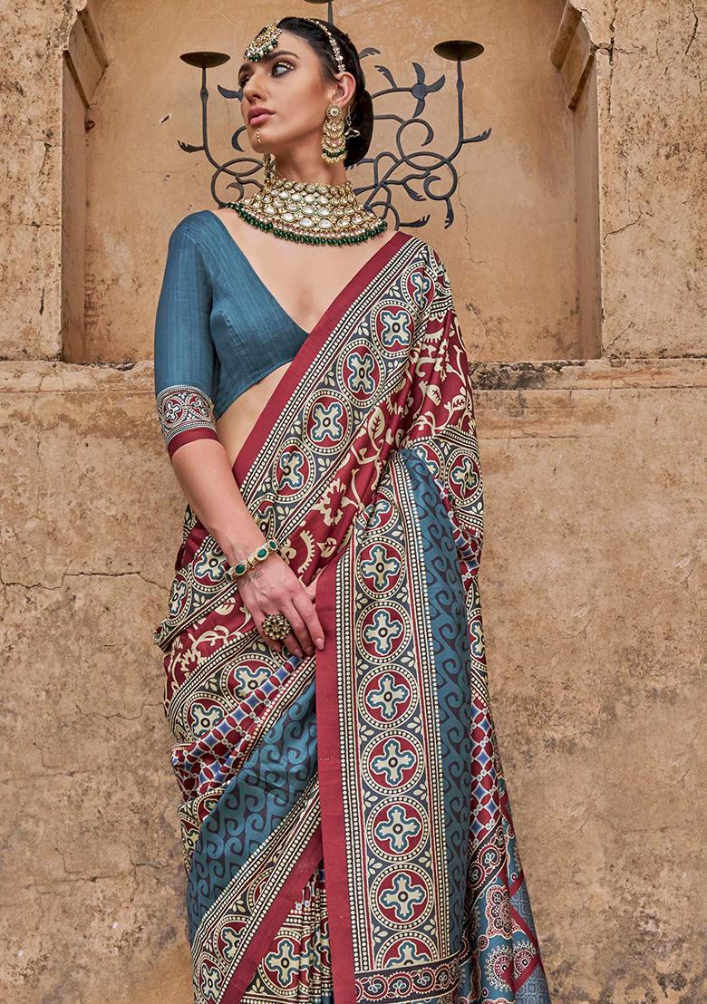 Gray Printed Silk Saree