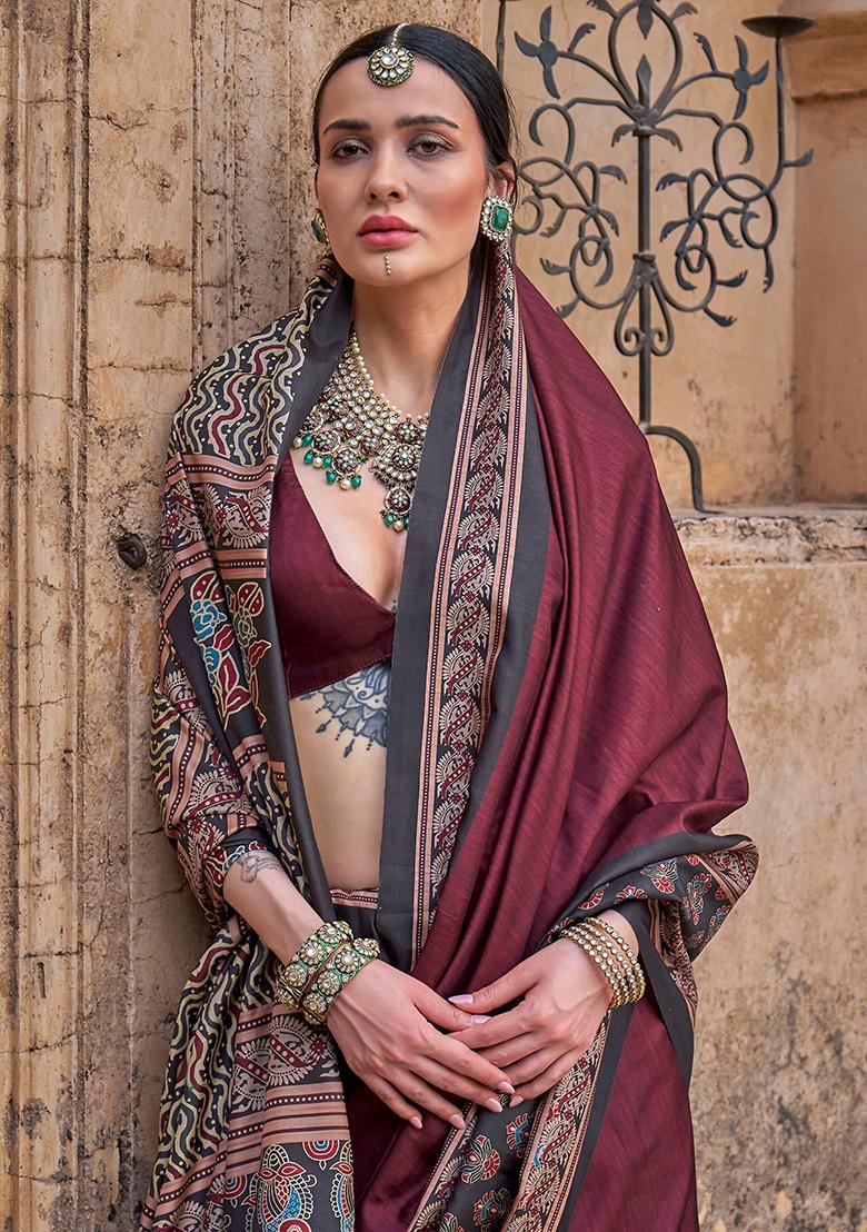 Gray Printed Silk Saree