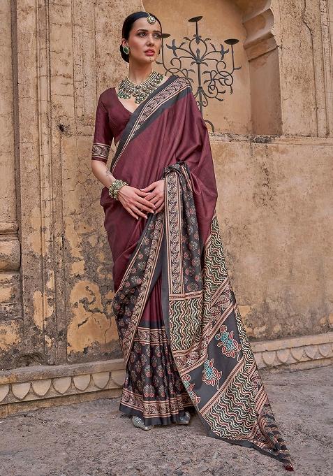 Gray Printed Silk Saree