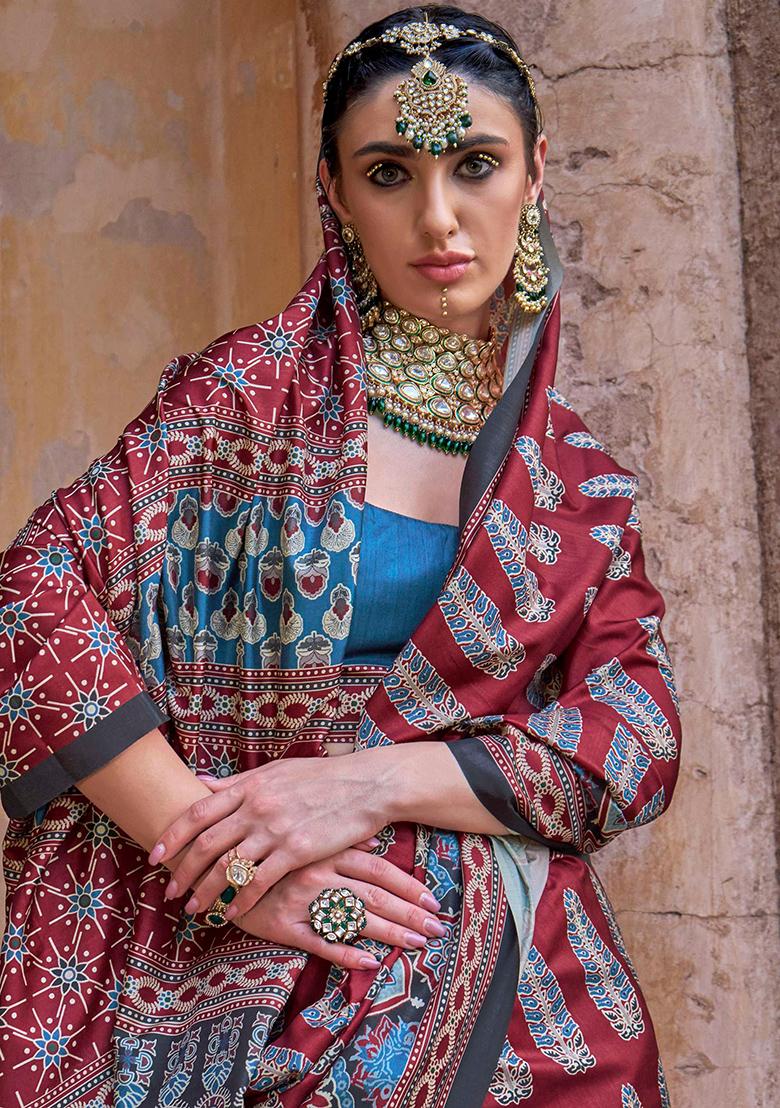 Wine Printed Silk Saree