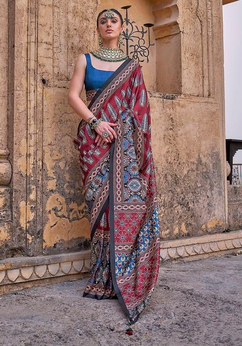 Wine Printed Silk Saree