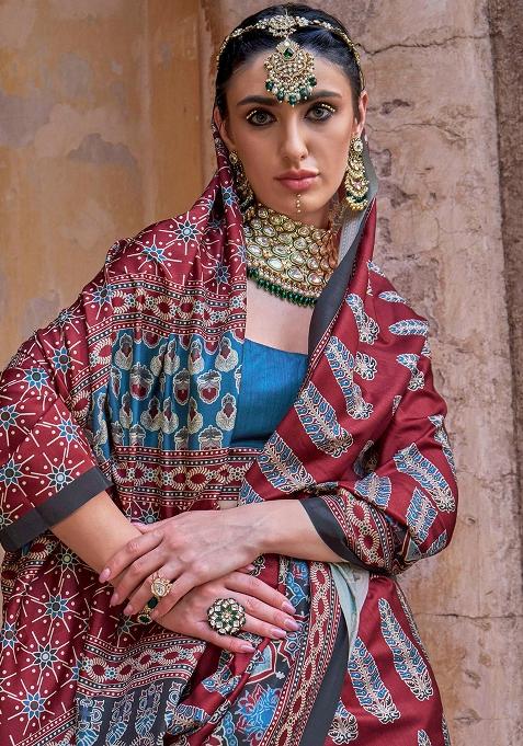 Wine Printed Silk Saree