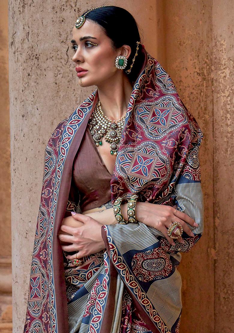 Wine Printed Silk Saree