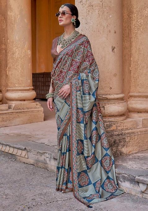 Wine Printed Silk Saree