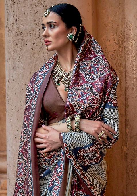 Wine Printed Silk Saree