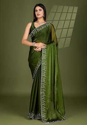 Green Beads And Stone Work Silk Chiffon Saree Set