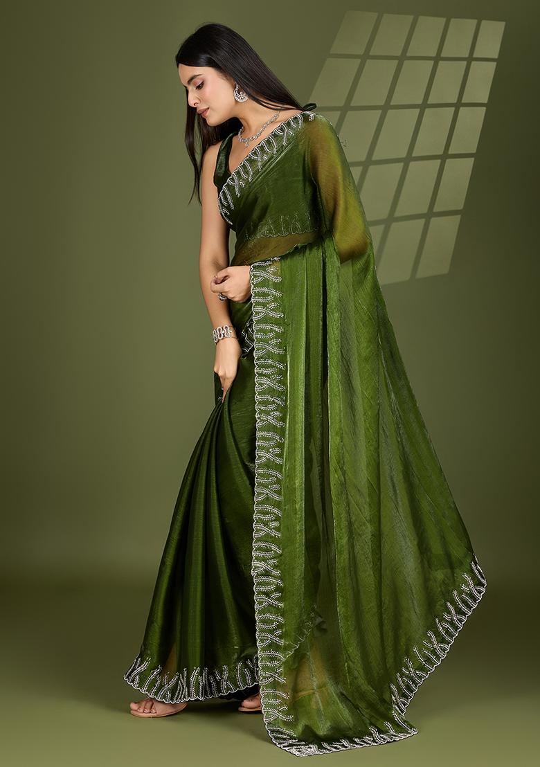 Green Beads And Stone Work Silk Chiffon Saree Set