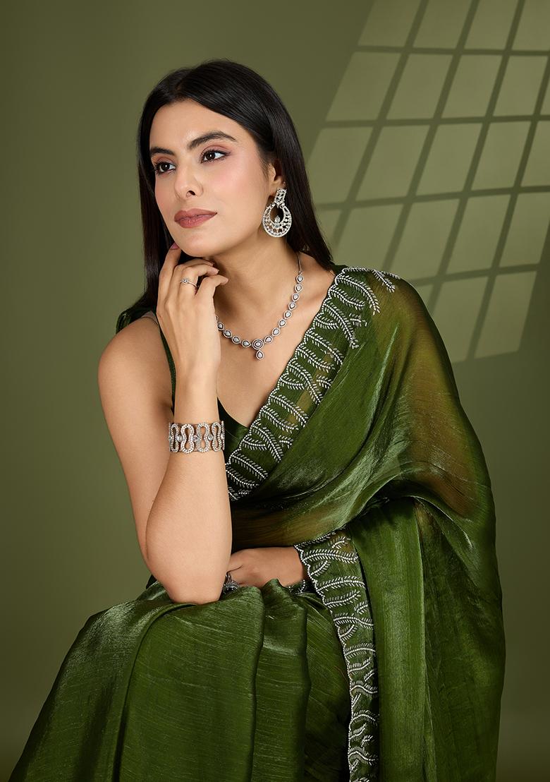 Green Beads And Stone Work Silk Chiffon Saree Set