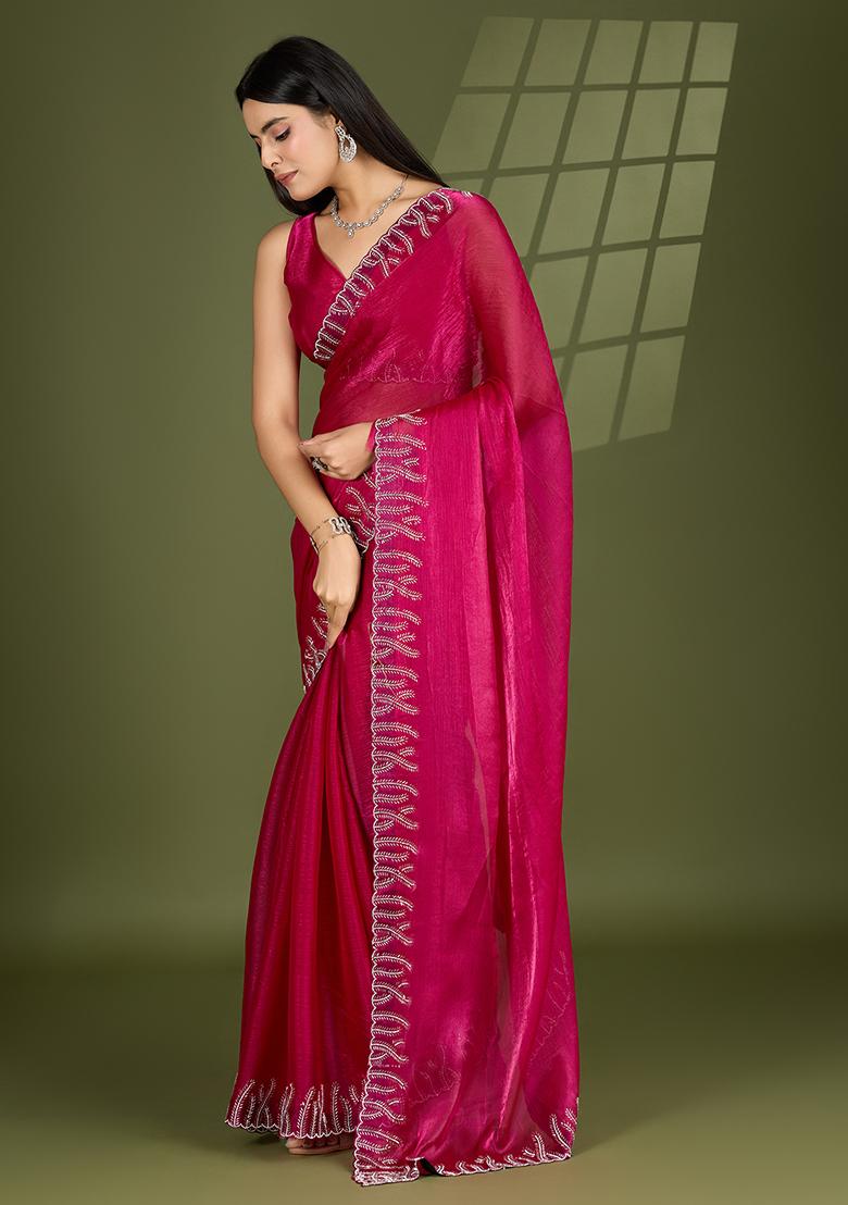 Rani Pink Beads And Stone Work Silk Chiffon Saree Set