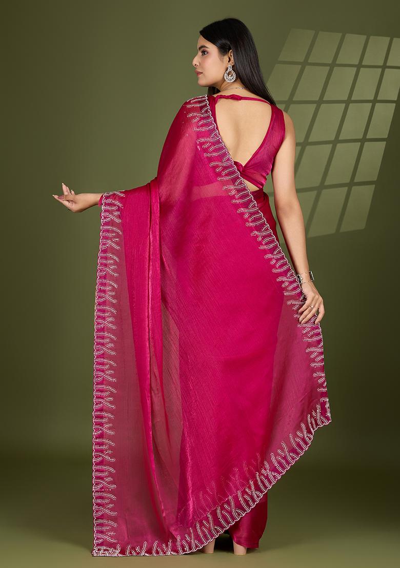 Rani Pink Beads And Stone Work Silk Chiffon Saree Set