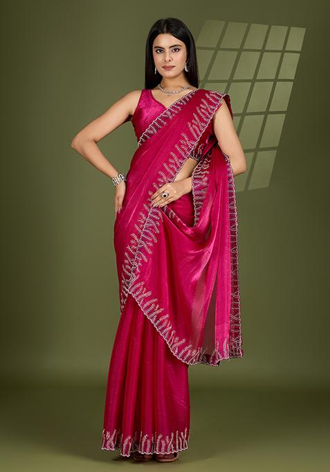 Rani Pink Beads And Stone Work Silk Chiffon Saree Set