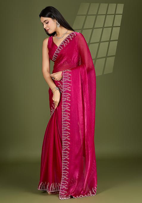 Rani Pink Beads And Stone Work Silk Chiffon Saree Set