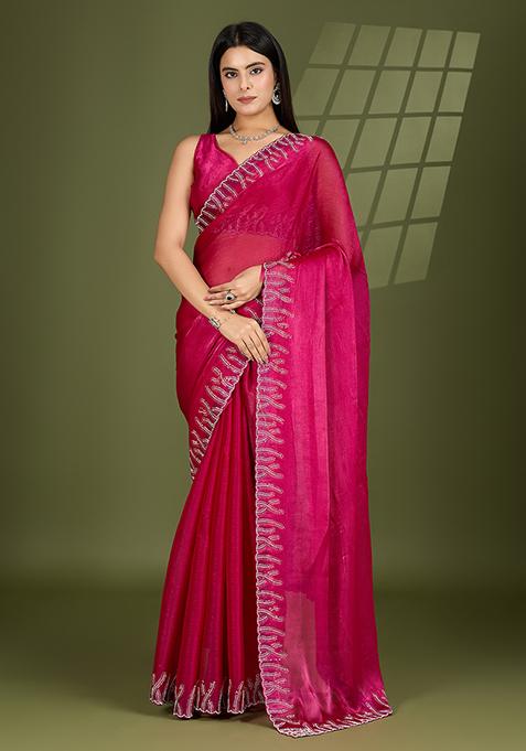 Rani Pink Beads And Stone Work Silk Chiffon Saree Set