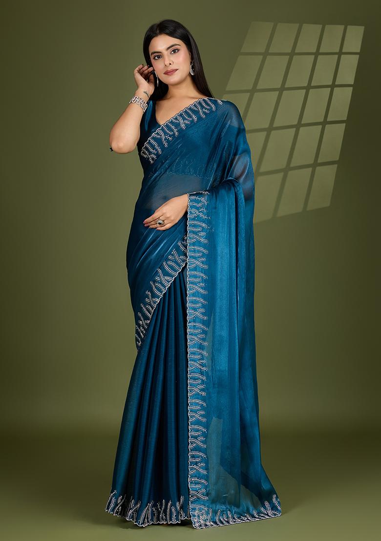 Teal Blue Beads And Stone Work Silk Chiffon Saree Set