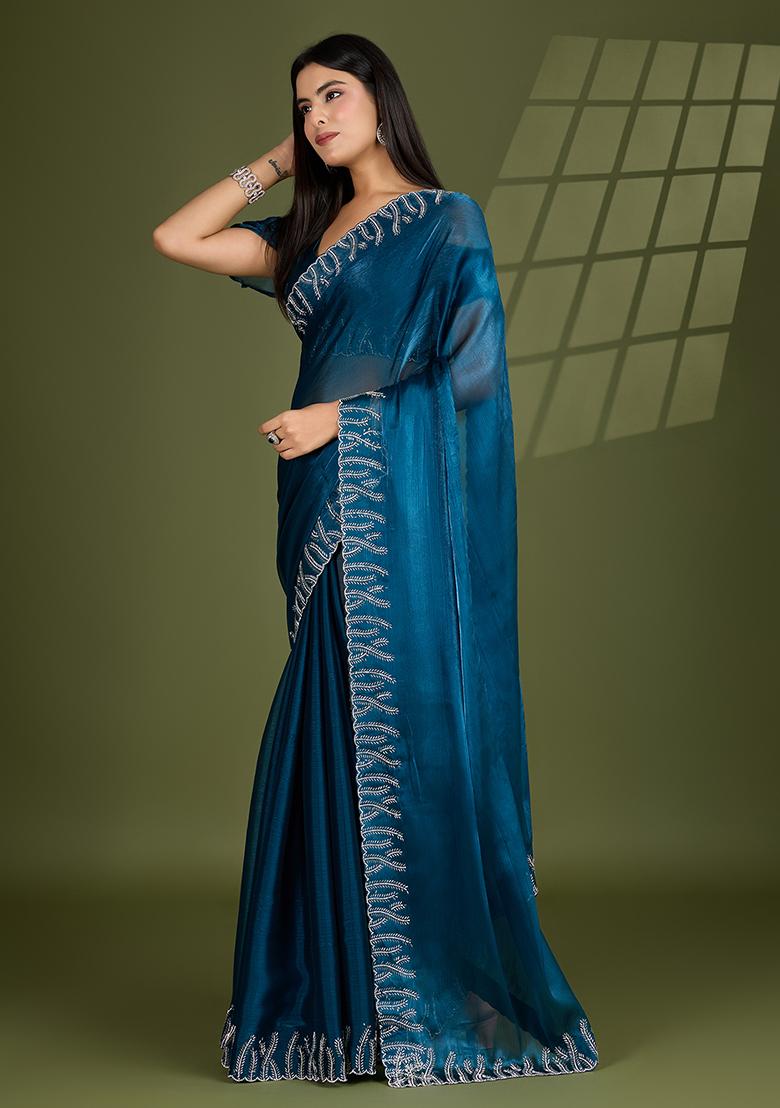Teal Blue  Beads And Stone Work Silk Chiffon Saree Set