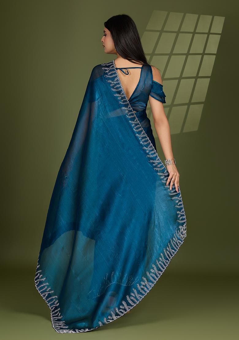 Teal Blue Beads And Stone Work Silk Chiffon Saree Set