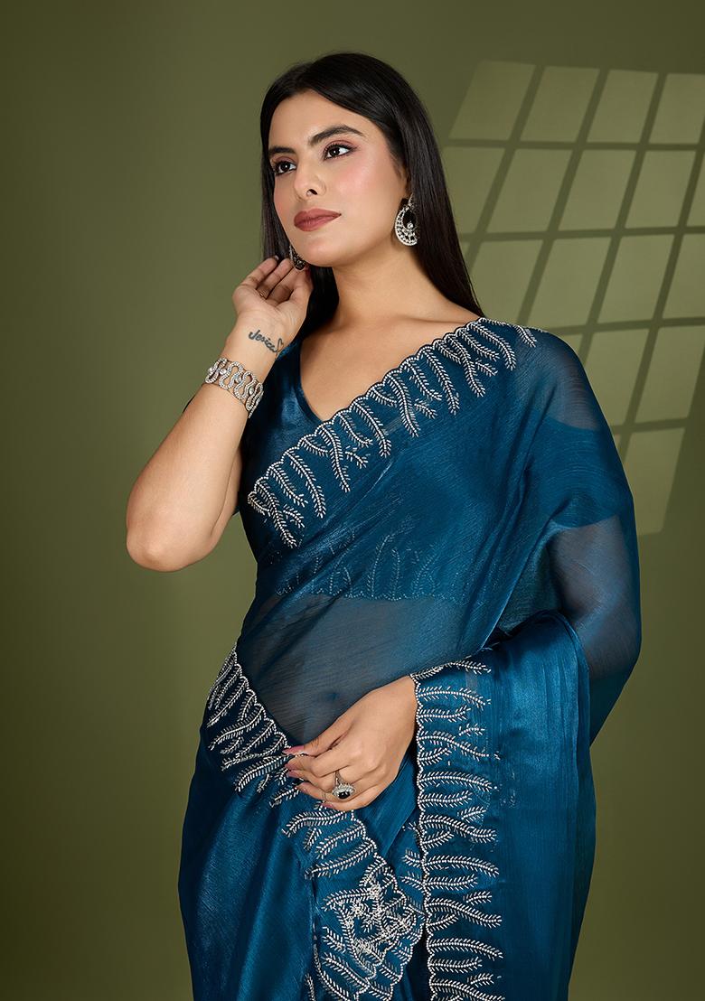 Teal Blue  Beads And Stone Work Silk Chiffon Saree Set