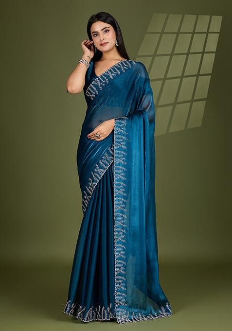Teal Blue  Beads And Stone Work Silk Chiffon Saree Set